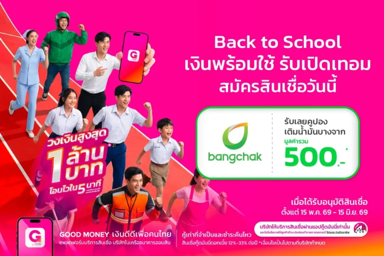สมัครสินเชื่อผ่านแอปกู๊ดมันนี่ รับคูปองเติมน้ำมันบางจากมูลค่า 500 บาท ต้อนรับช่วงเปิดเทอม สำหรับลูกค้าที่สมัครและได้รับอนุมัติสินเชื่อ จำกัด 50 สิทธิ์เท่านั้น